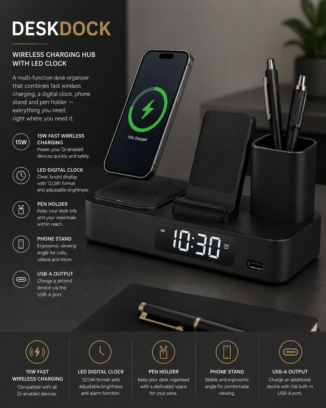 DeskDock — Wireless Charging Hub with LED Clock