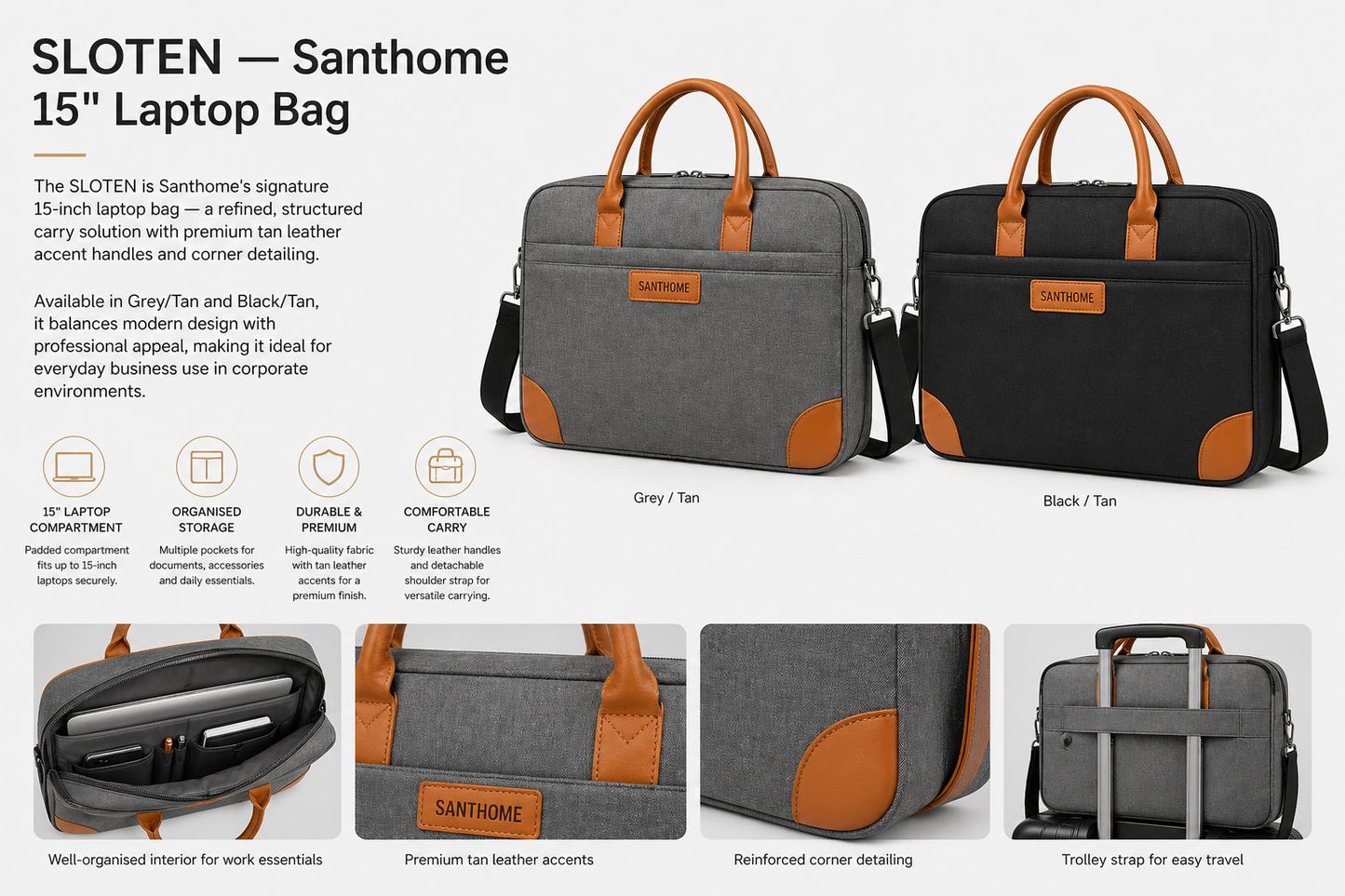 SLOTEN — Santhome 15" Laptop Bag (Grey/Tan & Black/Tan)