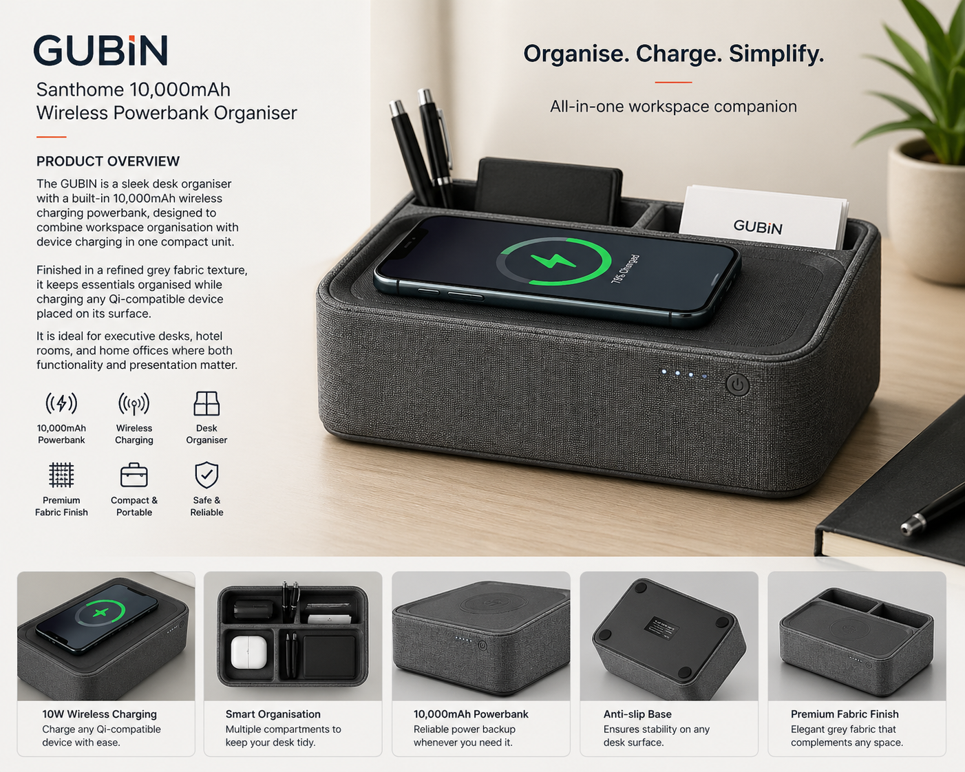 GUBIN — Santhome 10,000mAh Wireless Powerbank Organiser