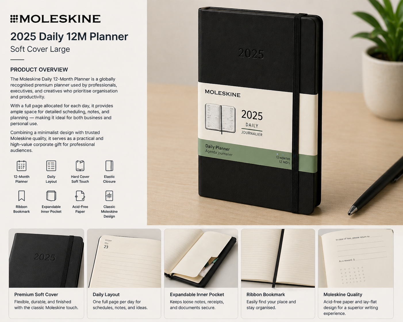 Moleskine 2025 Daily 12M Planner — Soft Cover Large