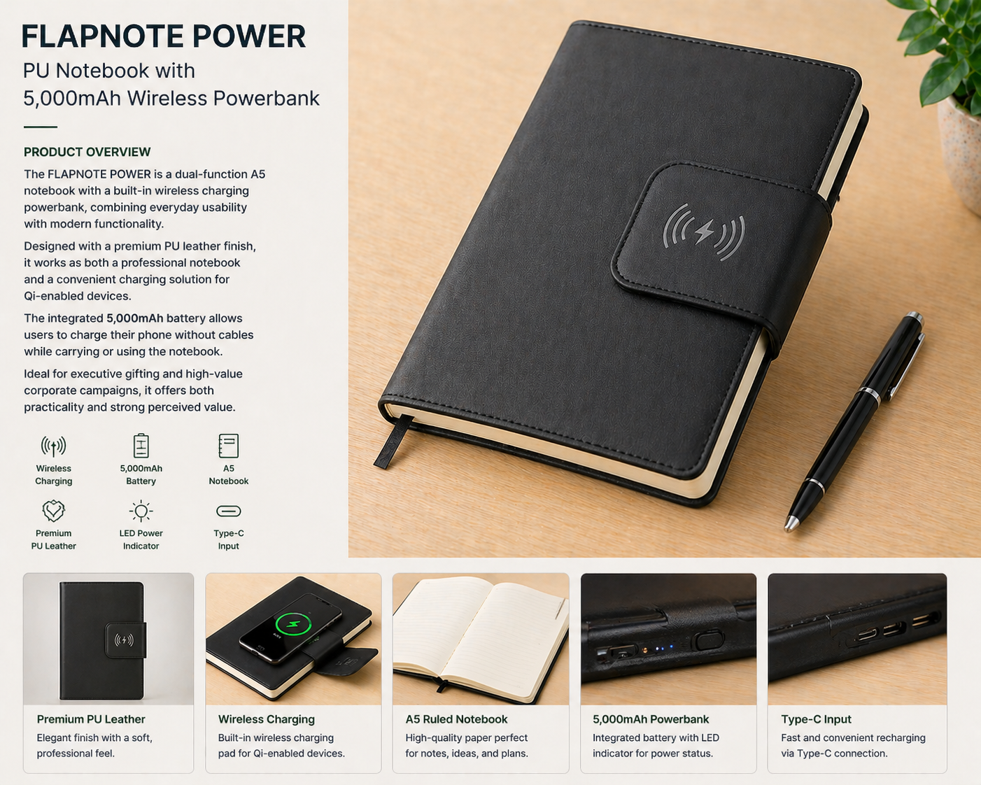 FLAPNOTE POWER — PU Notebook with 5,000mAh Wireless Powerbank