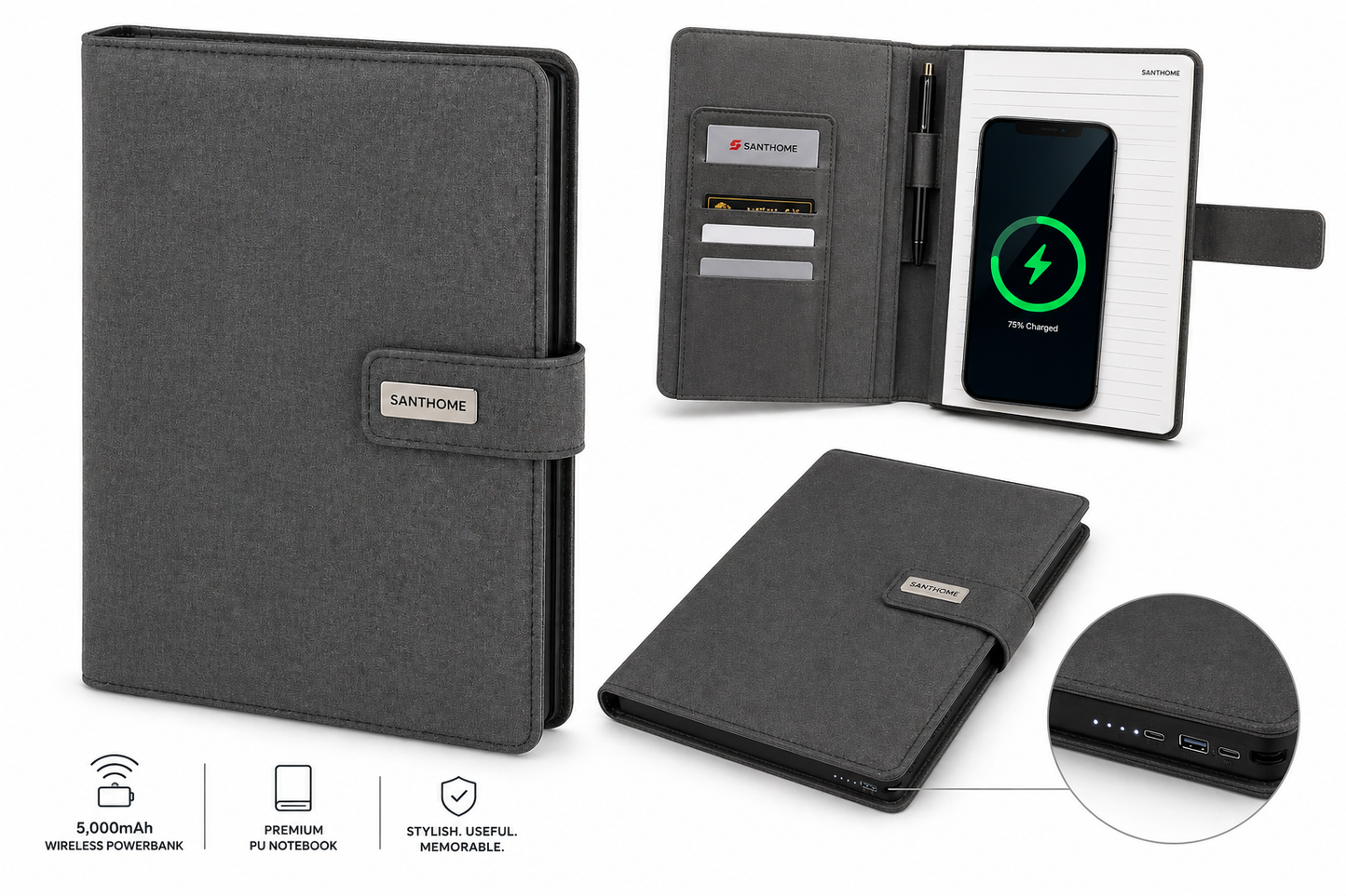 FLAPNOTE POWER — PU Notebook with 5,000mAh Wireless Powerbank