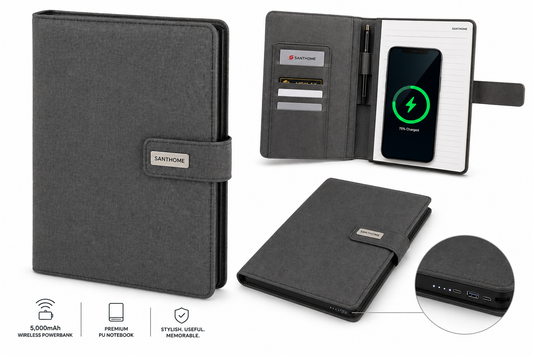 FLAPNOTE POWER — PU Notebook with 5,000mAh Wireless Powerbank