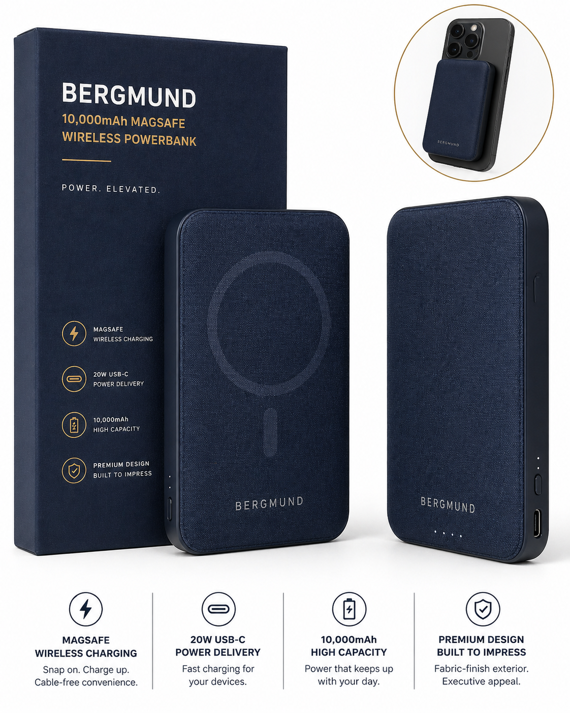 BERGMUND 10,000mAh MagSafe Wireless Powerbank — Navy