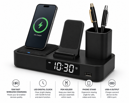 DeskDock — Wireless Charging Hub with LED Clock