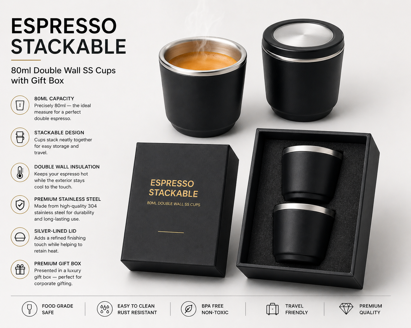 ESPRESSO STACKABLE — 80ml Double Wall SS Cups with Gift Box