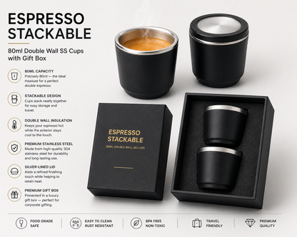 ESPRESSO STACKABLE — 80ml Double Wall SS Cups with Gift Box
