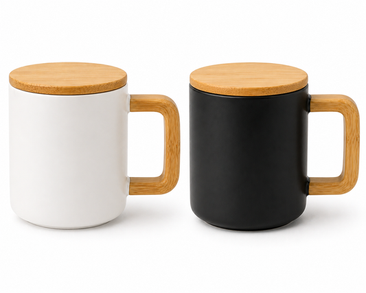 Eco-Friendly Ceramic Mug with Bamboo Handle & Lid (White / Black)