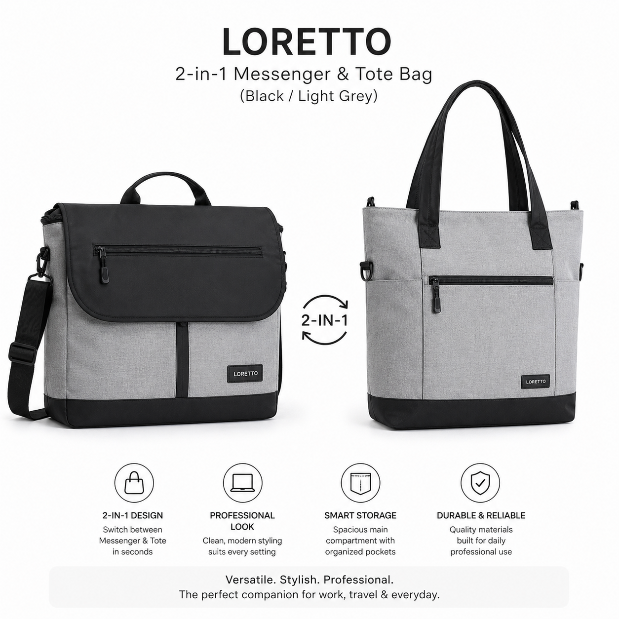 LORETTO — 2-in-1 Messenger & Tote Bag (Black / Light Grey)