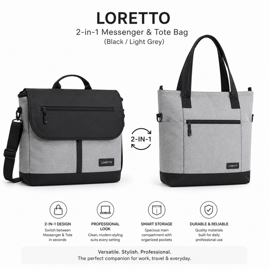 LORETTO — 2-in-1 Messenger & Tote Bag (Black / Light Grey)