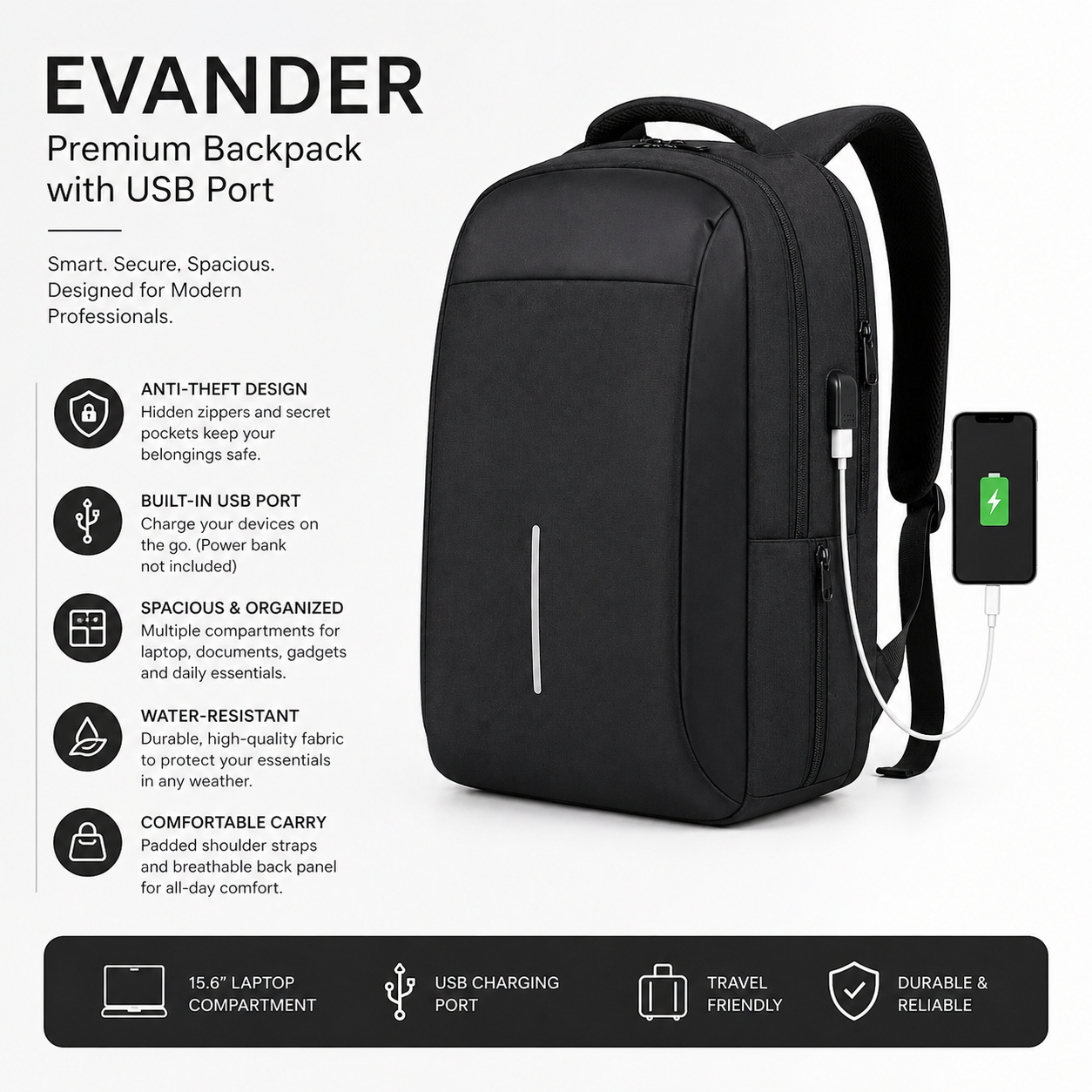 Evander — Premium Backpack with USB Port