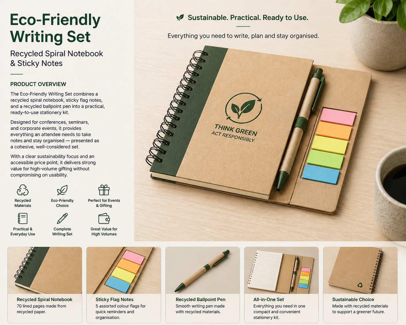 Eco-Friendly Writing Set — Recycled Spiral Notebook & Sticky Notes