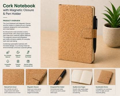 Cork Notebook with Magnetic Closure & Pen Holder