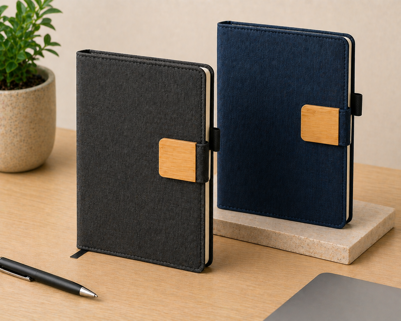 A5 RPET Notebooks with Bamboo & Magnetic Closure — 2 Colours