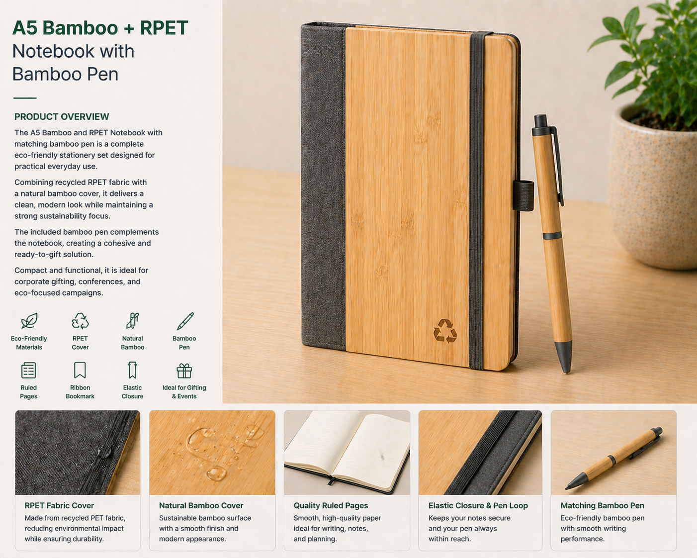 A5 Bamboo + RPET Notebook with Bamboo Pen