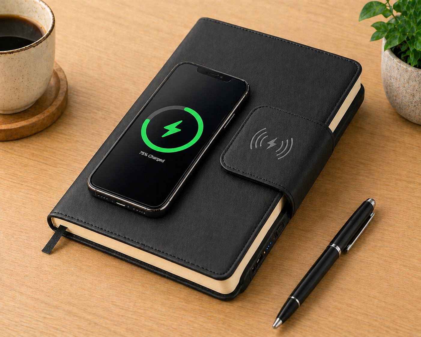 FLAPNOTE POWER — PU Notebook with 5,000mAh Wireless Powerbank