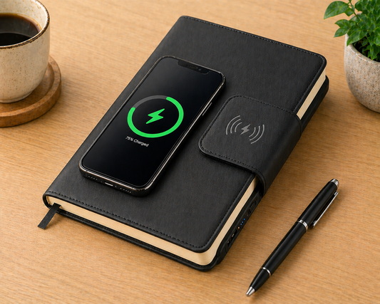 FLAPNOTE POWER — PU Notebook with 5,000mAh Wireless Powerbank