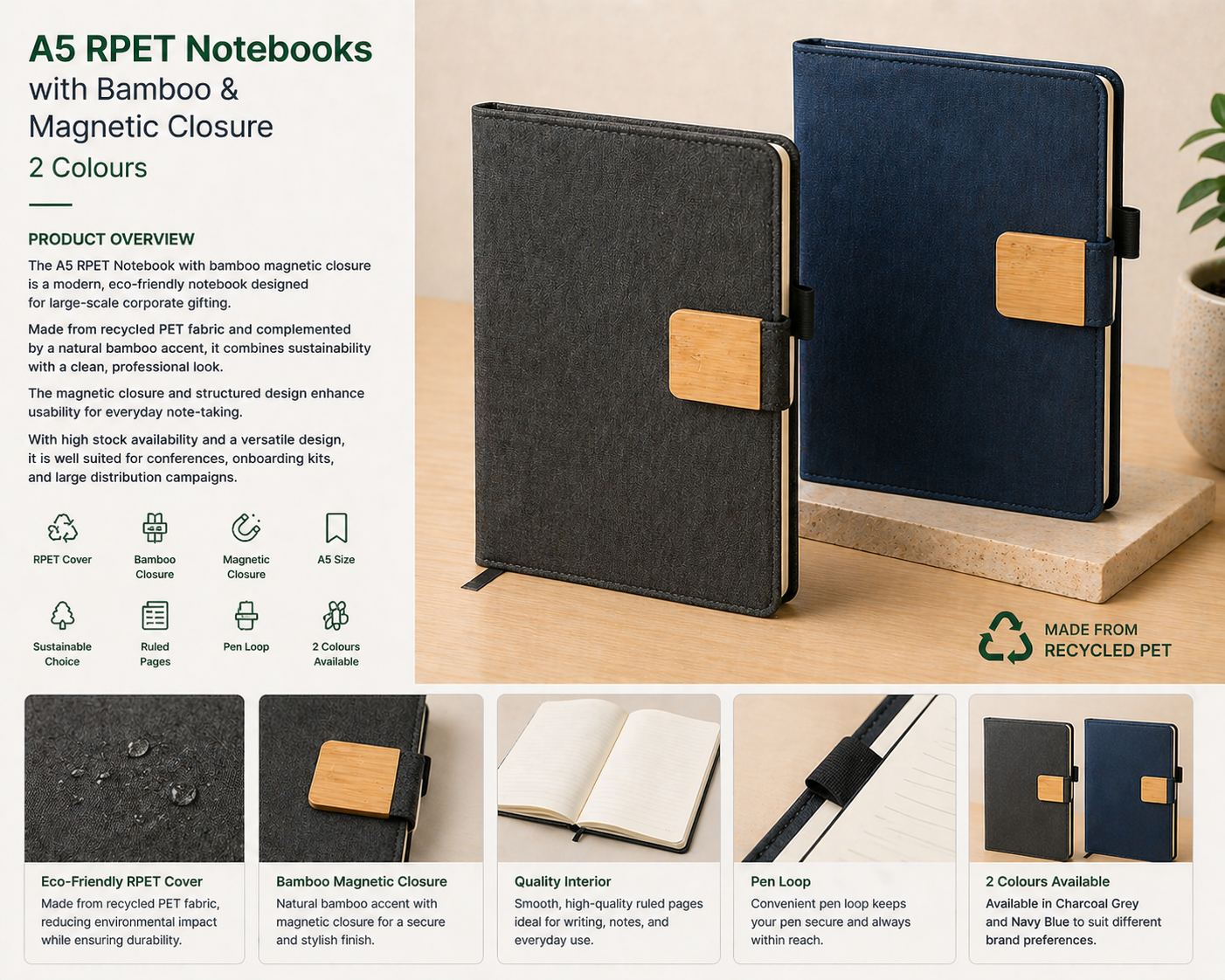 A5 RPET Notebooks with Bamboo & Magnetic Closure — 2 Colours