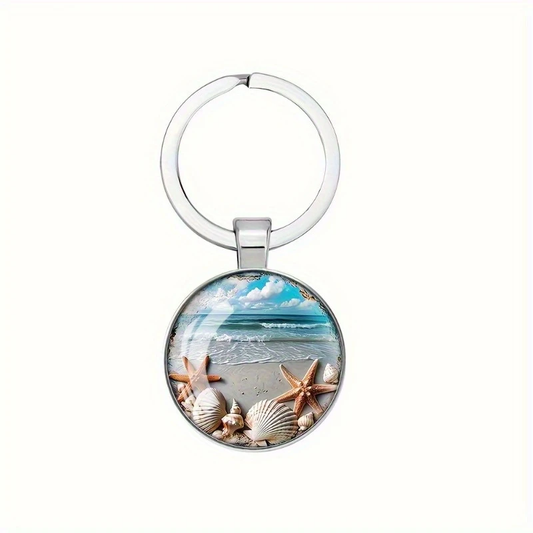 Round silver beach keychain